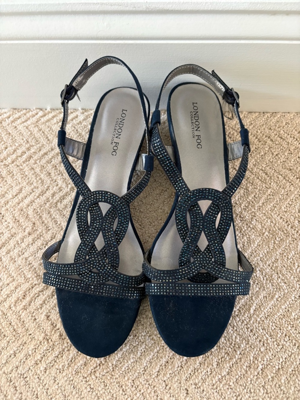 London Fog Navy Suede Slingback Heels with Rhinestone Accents